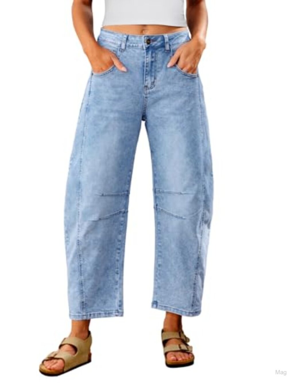 High Waisted Distressed Barrel Jeans Cropped Baggy Wide Leg Stretch Denim